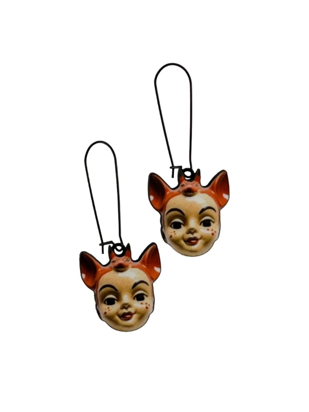 Vintage Style Kitsch Doll Head Fox Ears Earrings Creepy-Cute — Long Kidney Wires